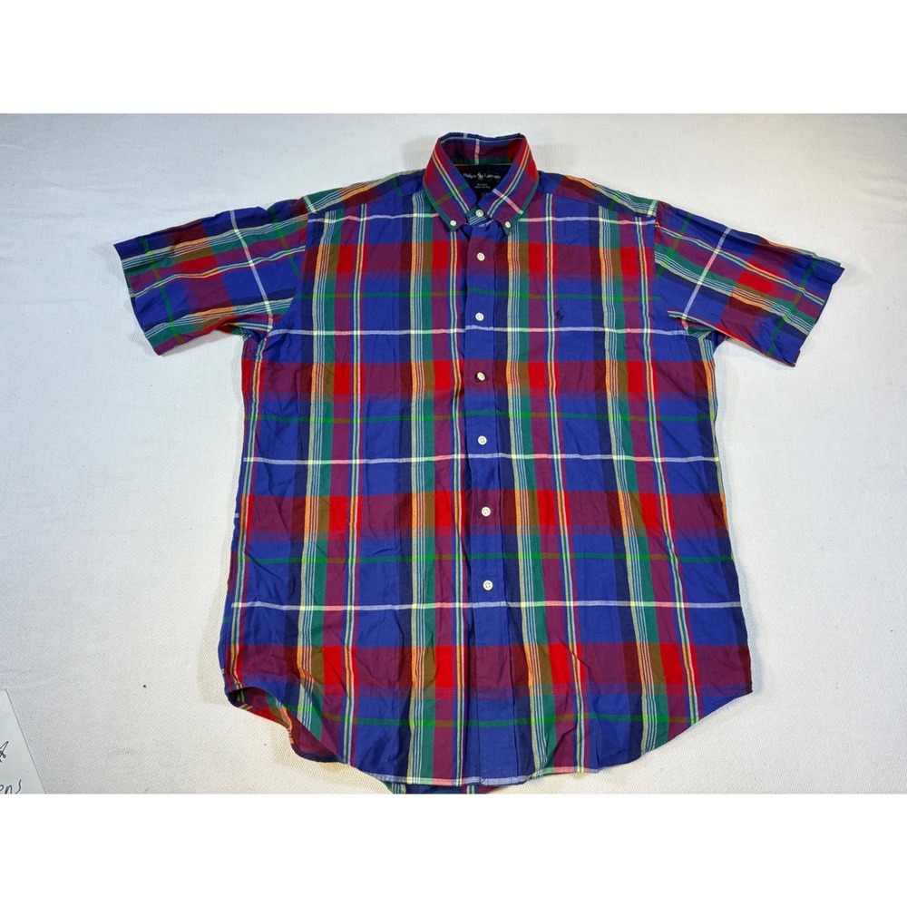 Vintage Ralph Lauren Blake Mens Medium Short Sleeve Plaid Button Down Shirt Blue